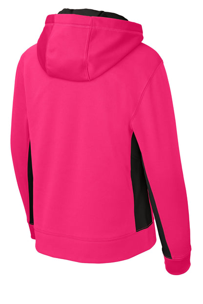 Rear View of Neon Pink/Blk Sport-Tek Youth Sport-Wick Fleece Colorblock Hooded Pullover. YST235