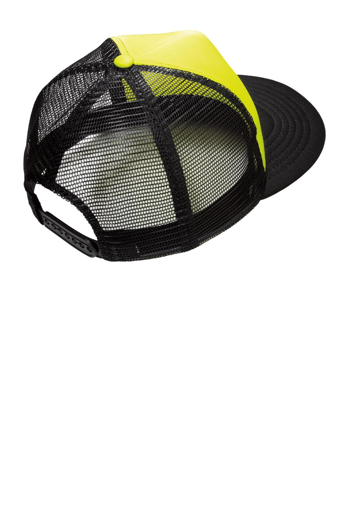 Rear View of Neon Yellow District Flat Bill Snapback Trucker Cap. DT624