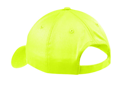 Rear View of Neon Yellow Port & Company Six-Panel Twill Cap. CP80