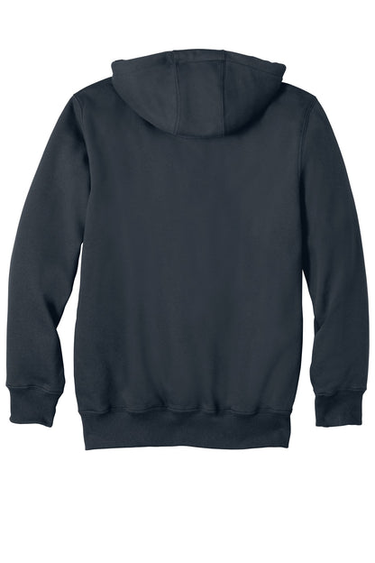 Rear View of New Navy Carhartt Rain Defender Paxton Heavyweight Hooded Zip-Front Sweatshirt. CT100614