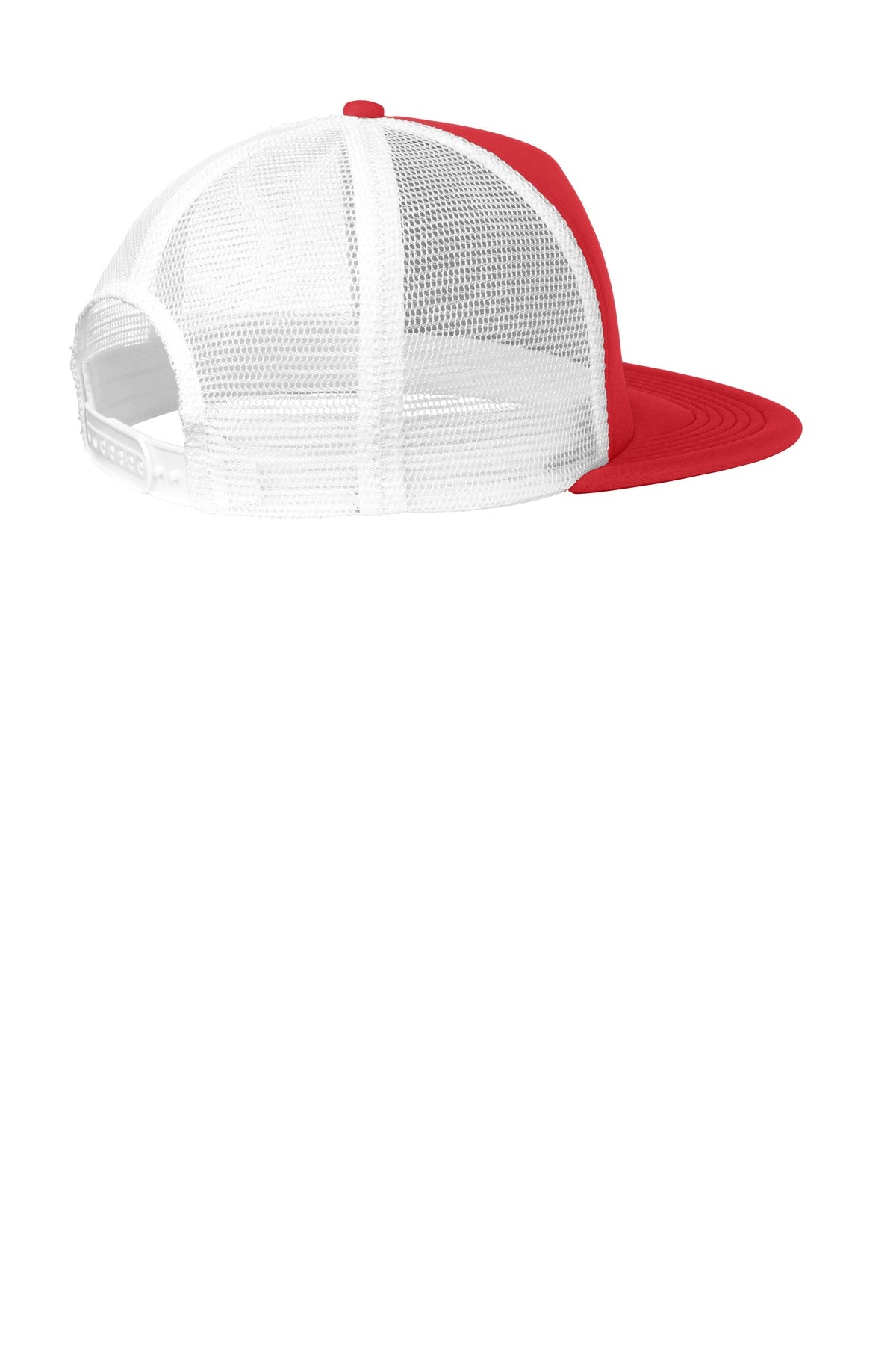 Rear View of New Red District Flat Bill Snapback Trucker Cap. DT624