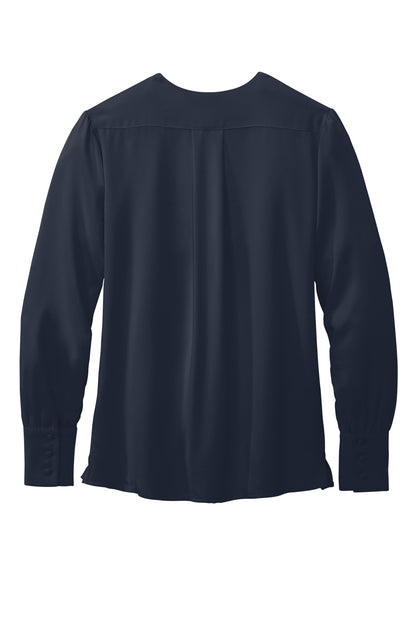 Rear View of NightNavy Brooks Brothers Women's Open-Neck Satin Blouse BB18009
