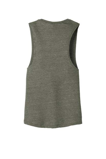 Rear View of Olive Slub BELLA+CANVAS Women's Flowy Scoop Muscle Tank. BC8803