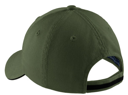 Rear View of Olive/Black Port Authority Sandwich Bill Cap with Striped Closure. C830