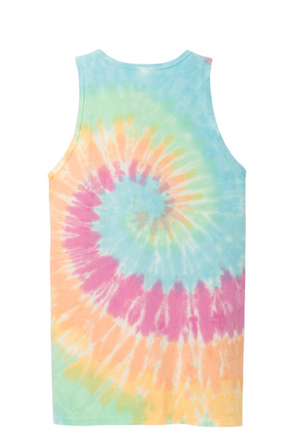 Rear View of Pastel Rainbow Port & Company Tie-Dye Tank Top. PC147TT