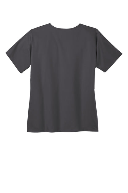 Rear View of Pewter Wink Women's WorkFlex Mock Wrap Top WW4760
