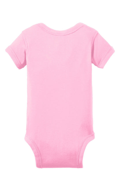 Rear View of Pink Rabbit Skins Infant Short Sleeve Baby Rib Bodysuit. RS4400
