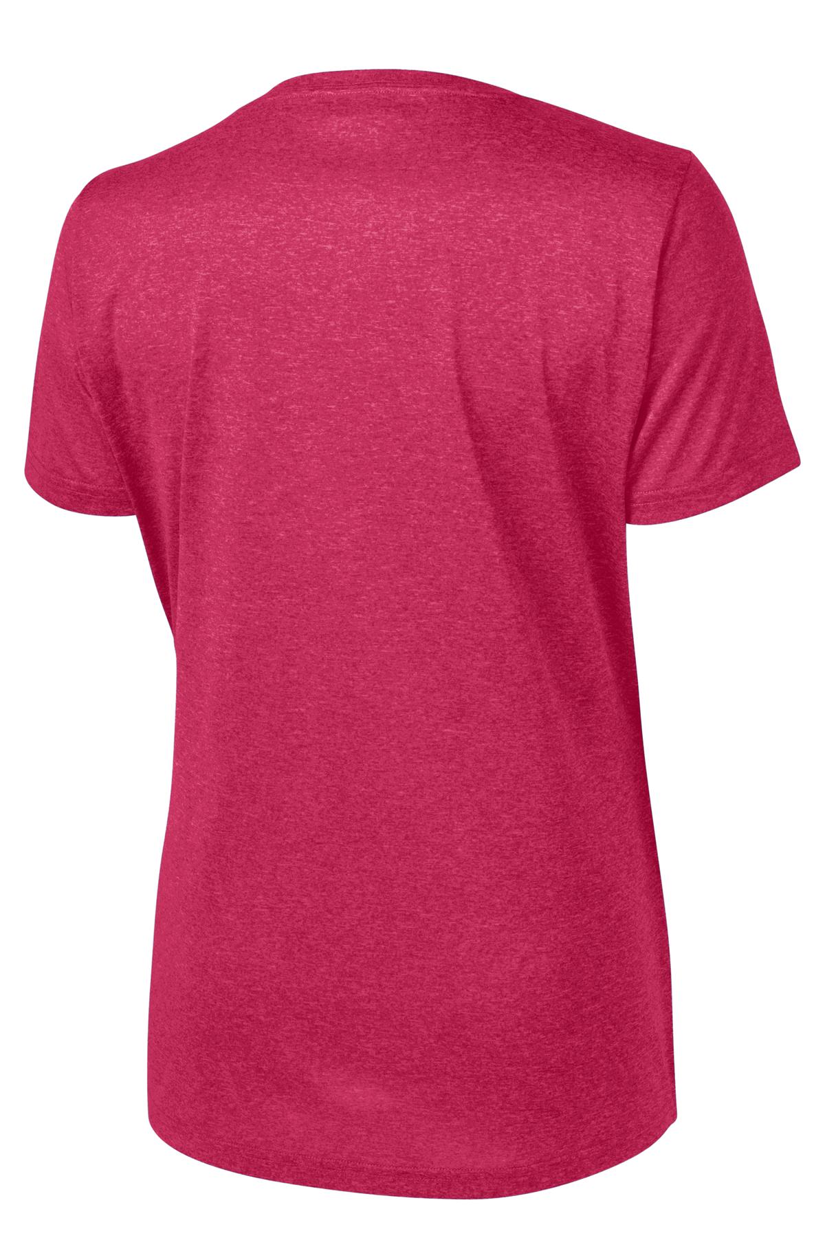 Rear View of Pink Rasp Hthr Sport-Tek Women's Heather Contender Scoop Neck Tee. LST360