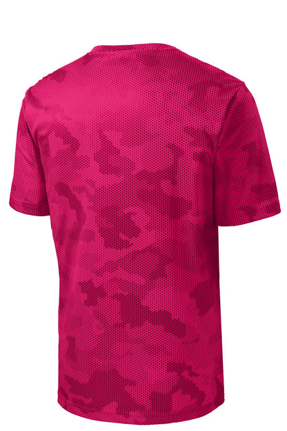 Rear View of Pink Raspberry Sport-Tek Youth CamoHex Tee. YST370