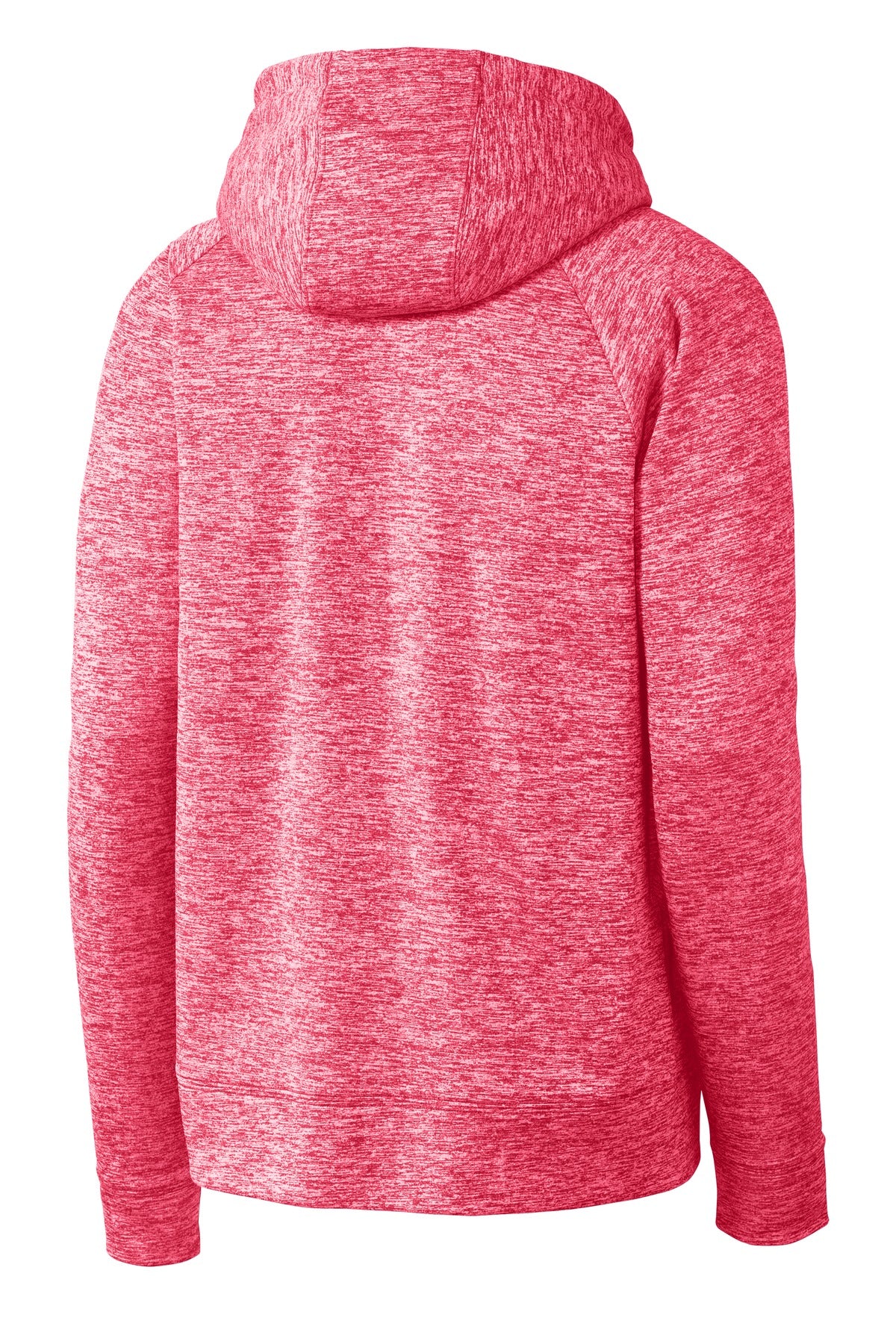 Rear View of Power Pink Ele Sport-Tek Youth PosiCharge Electric Heather Fleece Hooded Pullover. YST225