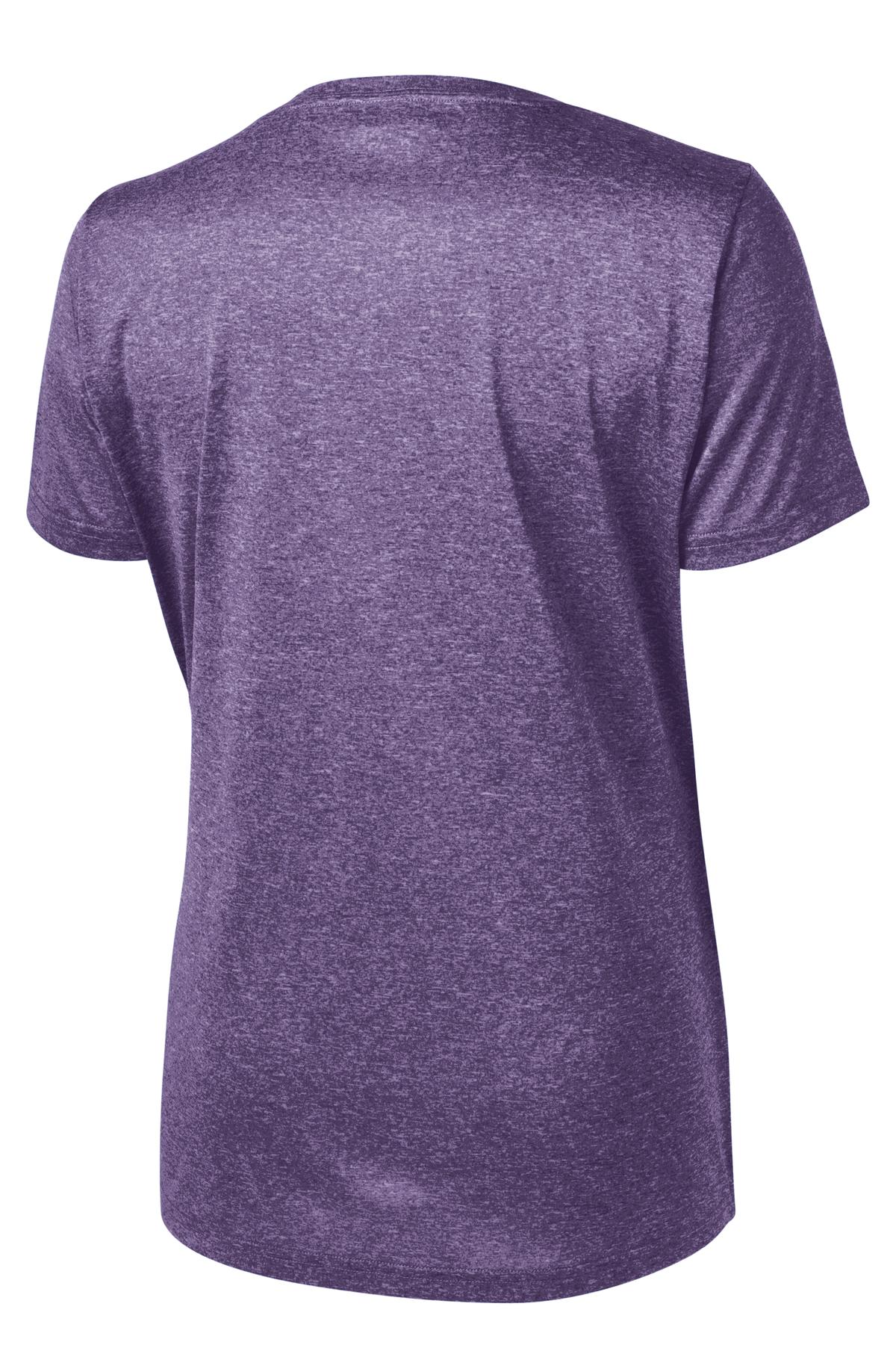 Rear View of Purple Hthr Sport-Tek Women's Heather Contender Scoop Neck Tee. LST360