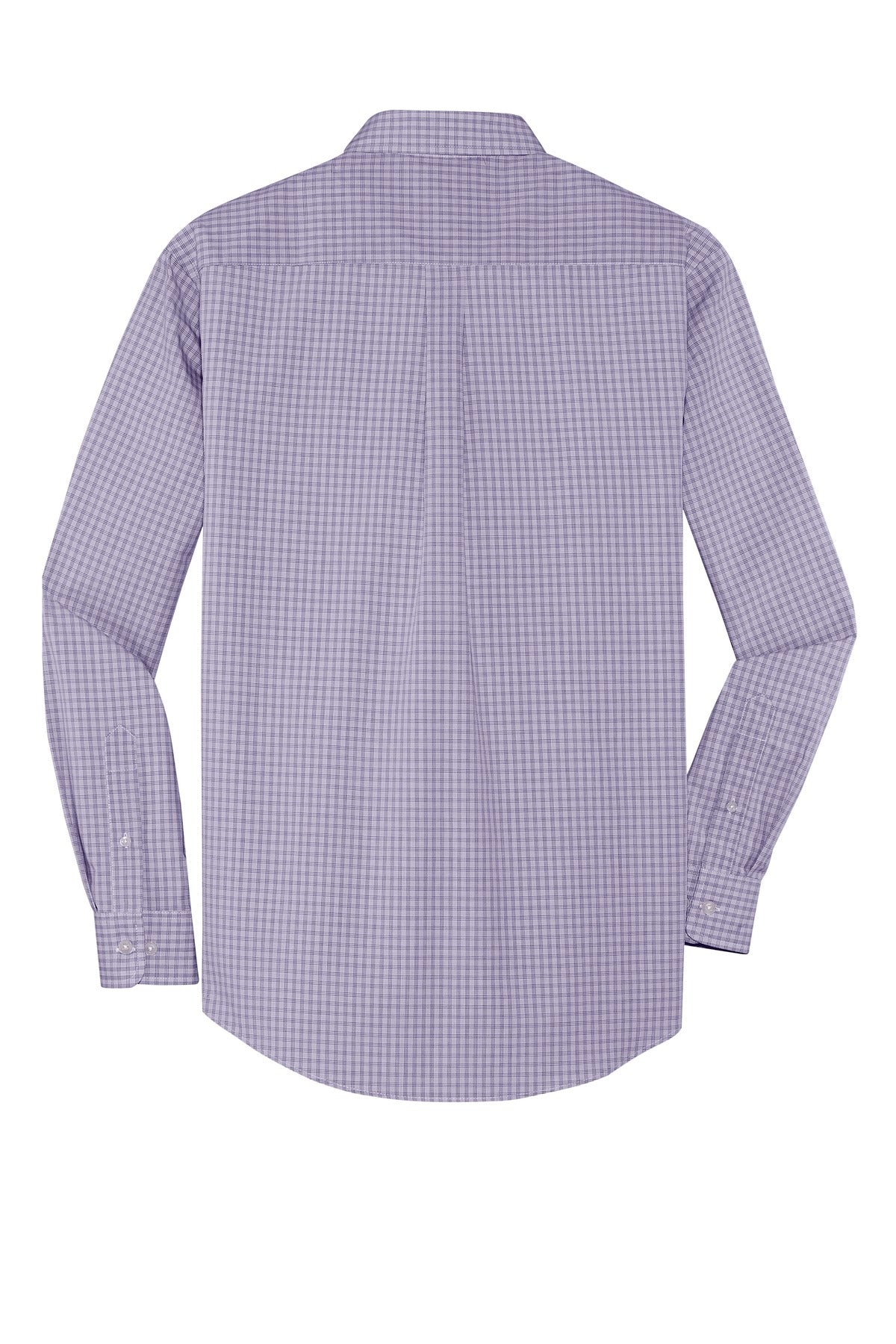 Rear View of Purple Port Authority Plaid Pattern Easy Care Shirt. S639