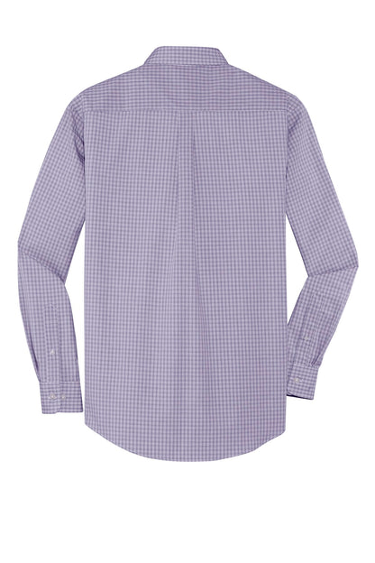 Rear View of Purple Port Authority Plaid Pattern Easy Care Shirt. S639