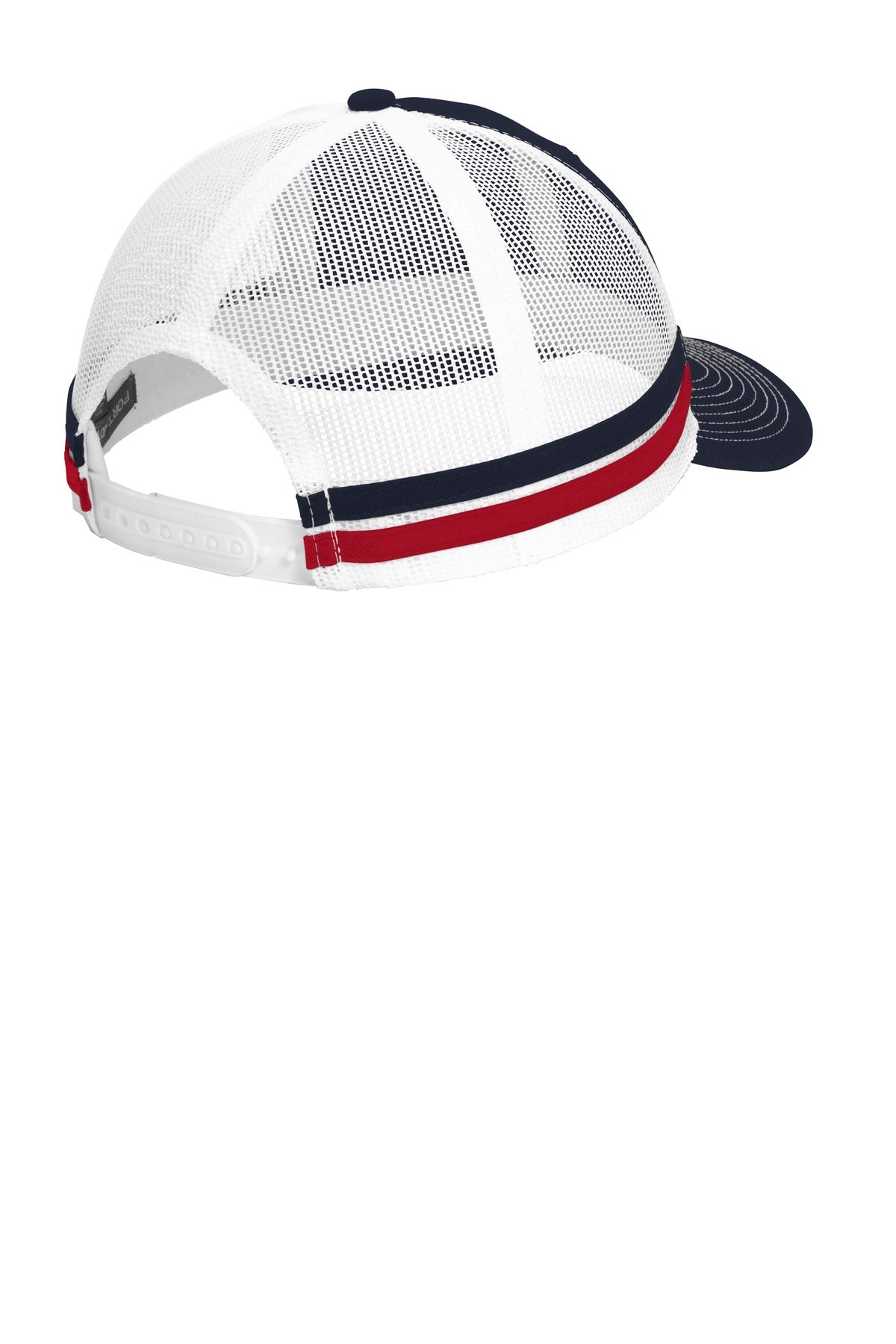 Rear View of R Nvy/Fl Rd/Wh Port Authority Two-Stripe Snapback Trucker Cap. C113