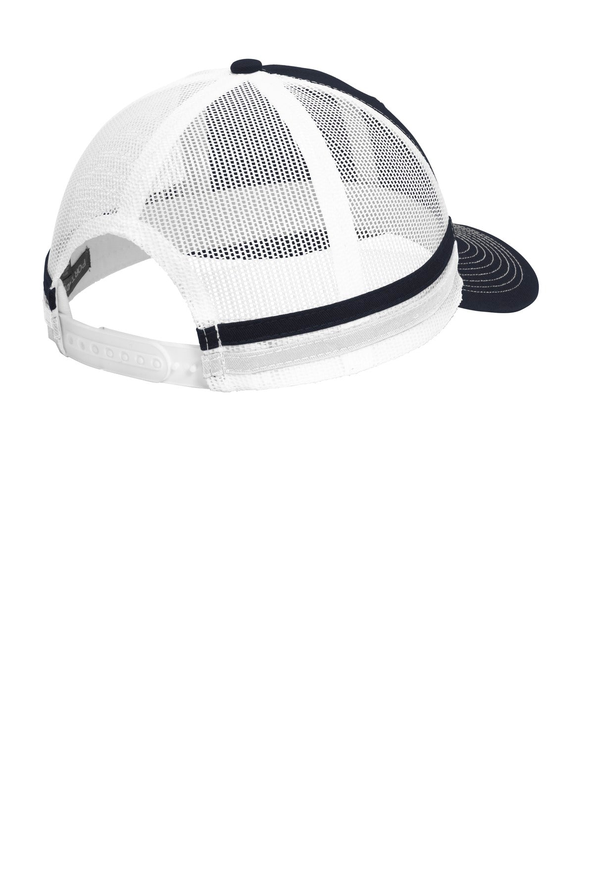 Rear View of R Nvy/R Nvy/Wh Port Authority Two-Stripe Snapback Trucker Cap. C113