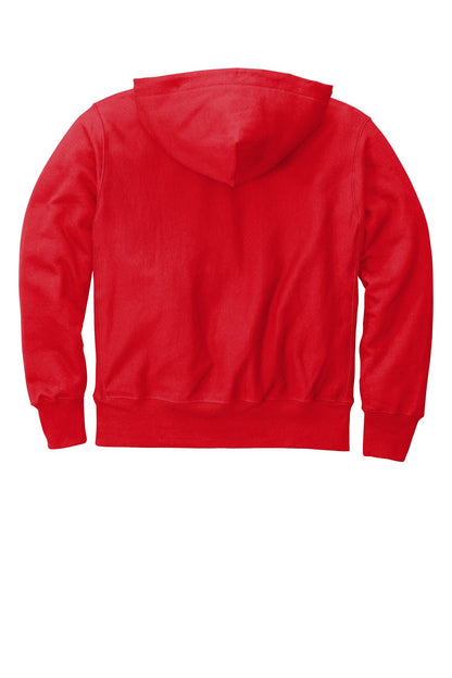 Rear View of Red Champion Reverse Weave Hooded Sweatshirt S101