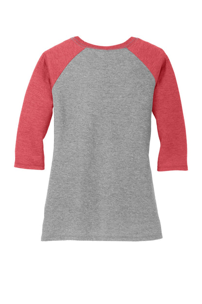Rear View of Red Fr/Grey Fr District Women's Perfect Tri 3/4-Sleeve Raglan. DM136L
