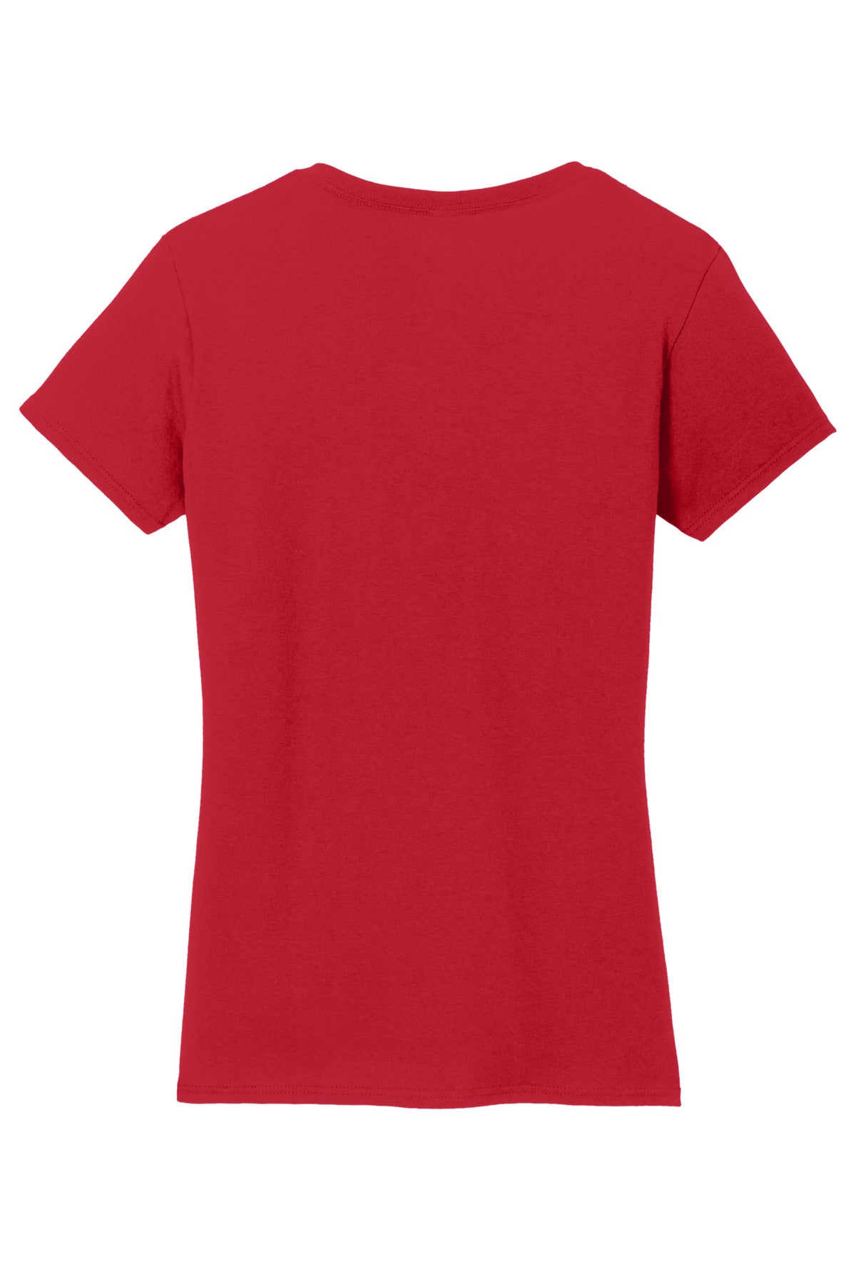 Rear View of Red Gildan Women's Heavy Cotton 100% Cotton V-Neck T-Shirt. 5V00L