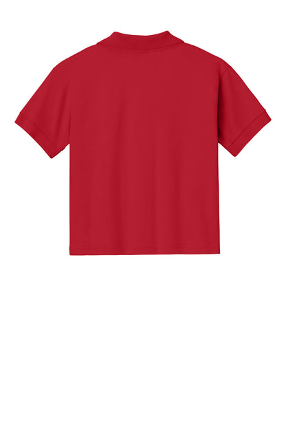 Rear View of Red Gildan Youth DryBlend 6-Ounce Jersey Knit Sport Shirt. 8800B