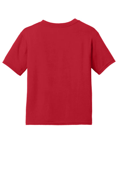 Rear View of Red Gildan Youth Gildan Performance T-Shirt. 42000B
