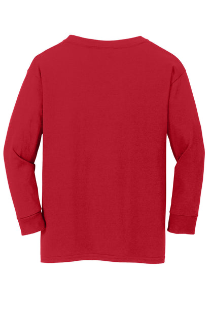 Rear View of Red Gildan Youth Heavy Cotton 100% Cotton Long Sleeve T-Shirt. 5400B