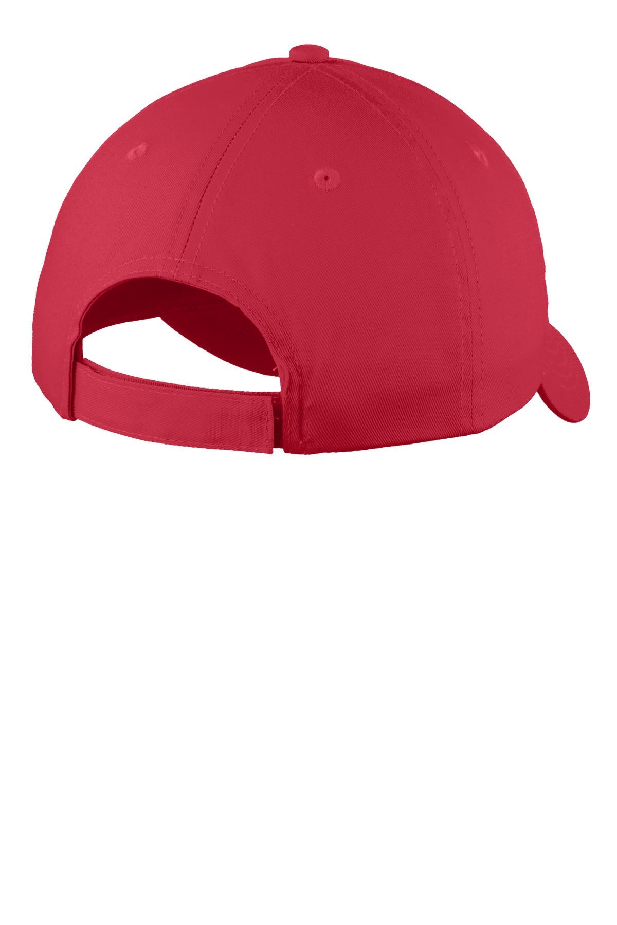 Rear View of Red Port & Company Youth Six-Panel Unstructured Twill Cap. YC914