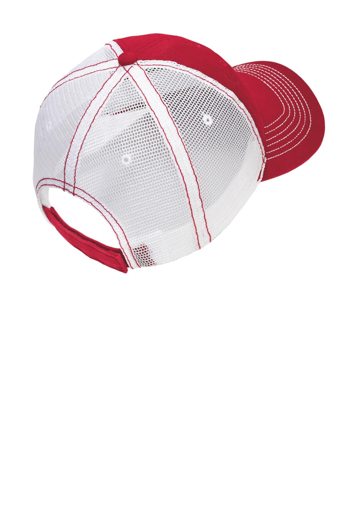 Rear View of Red/White District Mesh Back Cap. DT607