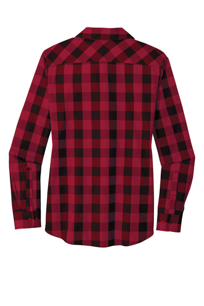 Rear View of Rich Red Port Authority Women's Everyday Plaid Shirt. LW670