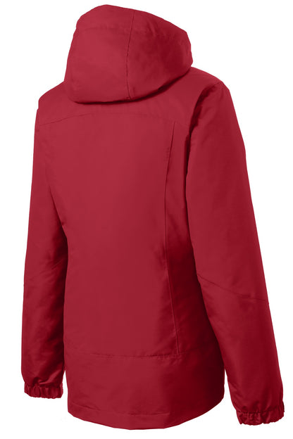 Rear View of Rich Red/Black Port Authority Women's Vortex Waterproof 3-in-1 Jacket. L332