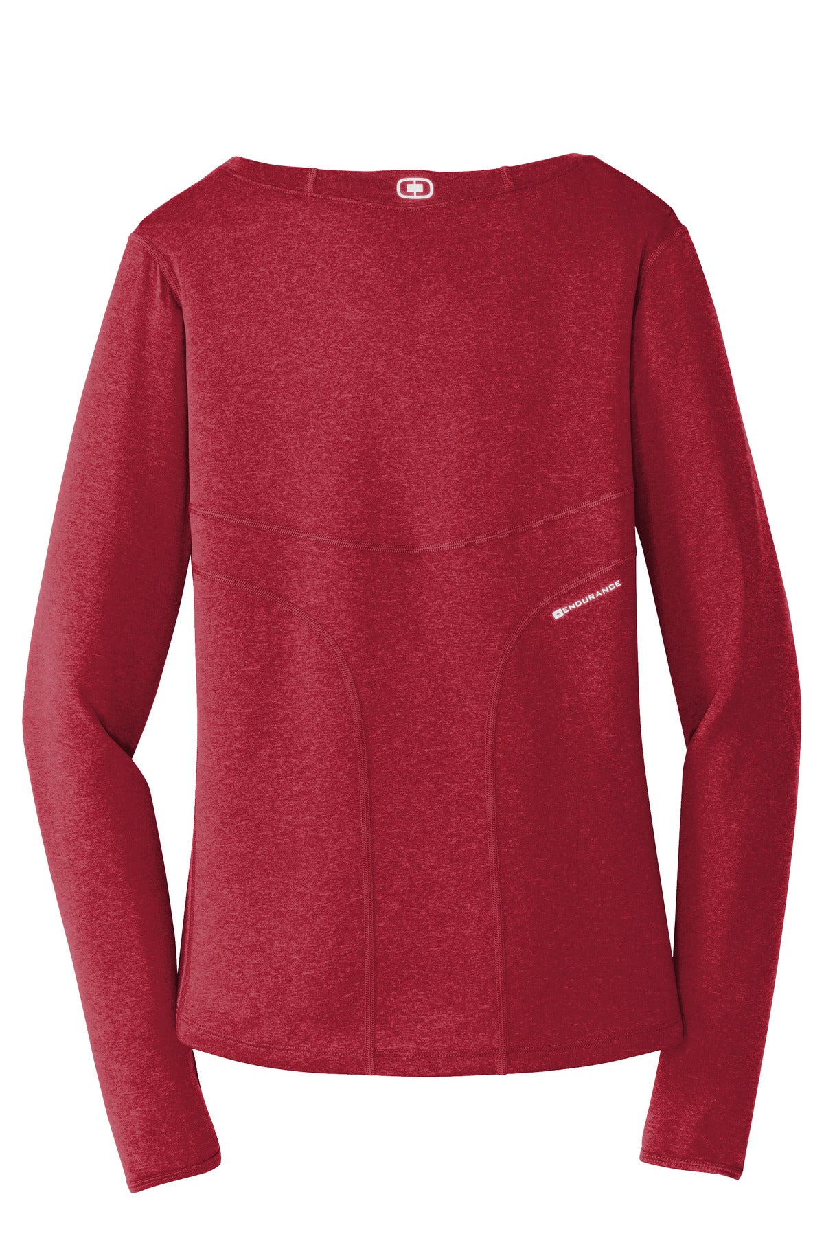 Rear View of Ripped Red OGIO Women's Long Sleeve Pulse Crew. LOE321