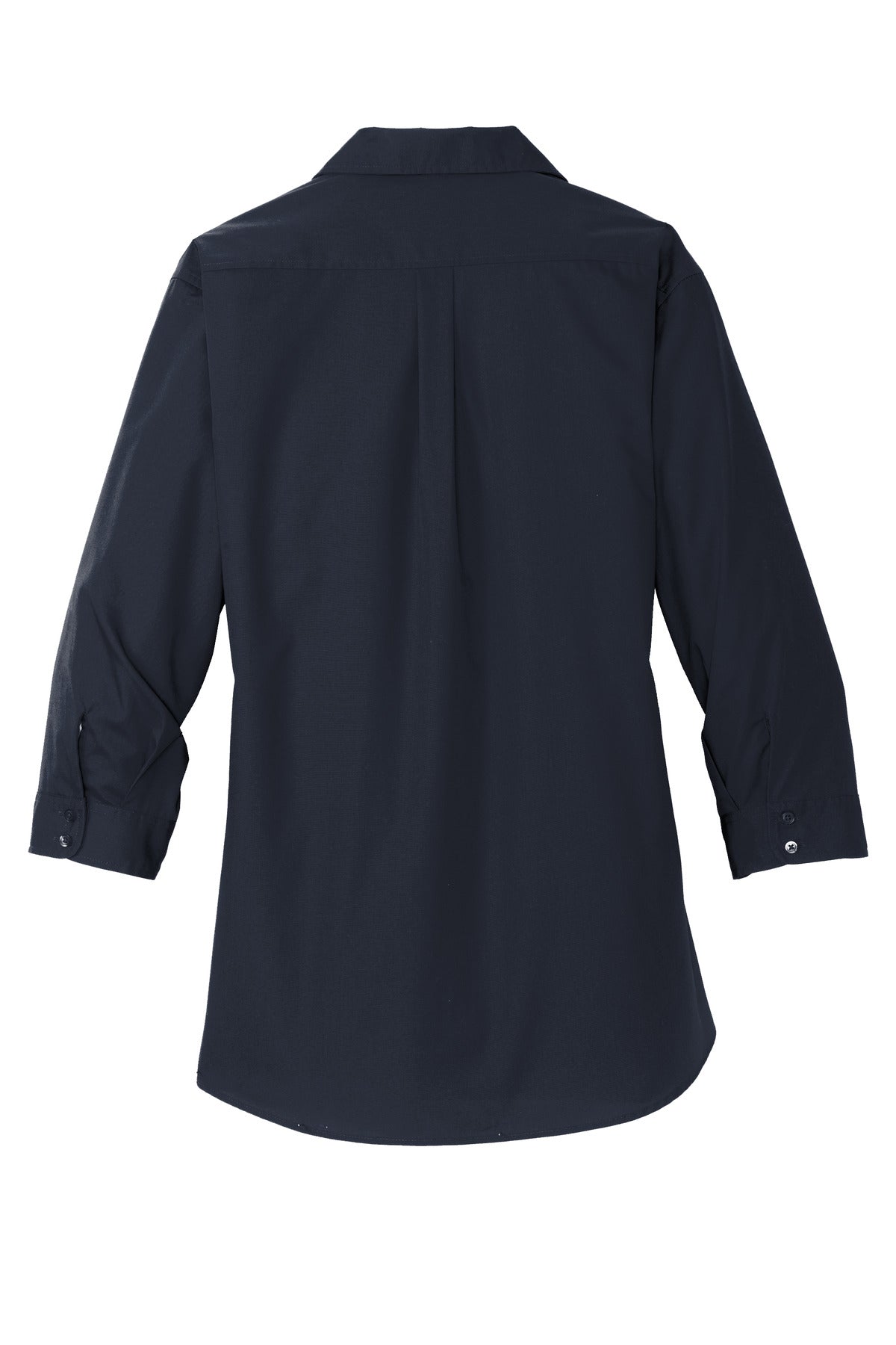 Rear View of River Blue Nvy Port Authority Women's 3/4-Sleeve Carefree Poplin Shirt. LW102