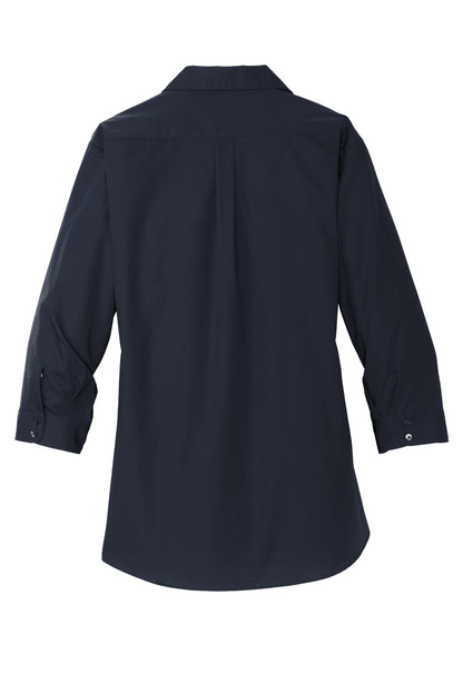 Rear View of River Blue Nvy Port Authority Women's 3/4-Sleeve Carefree Poplin Shirt. LW102