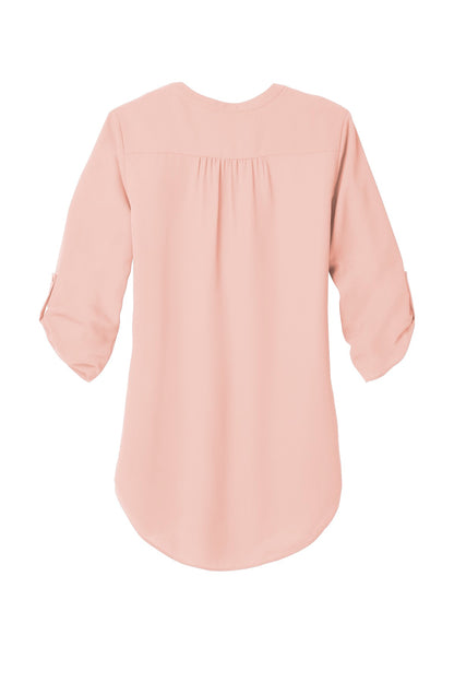 Rear View of Rose Quartz Port Authority Women's 3/4-Sleeve Tunic Blouse. LW701