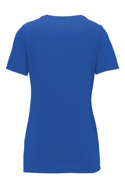 Rear View of Rush Blue Nike Women's Dri-FIT Cotton/Poly Scoop Neck Tee. NKBQ5234