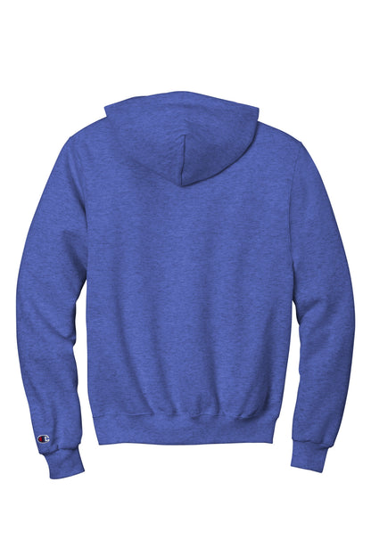 Rear View of RylBluHthr Champion Powerblend Pullover Hoodie. S700