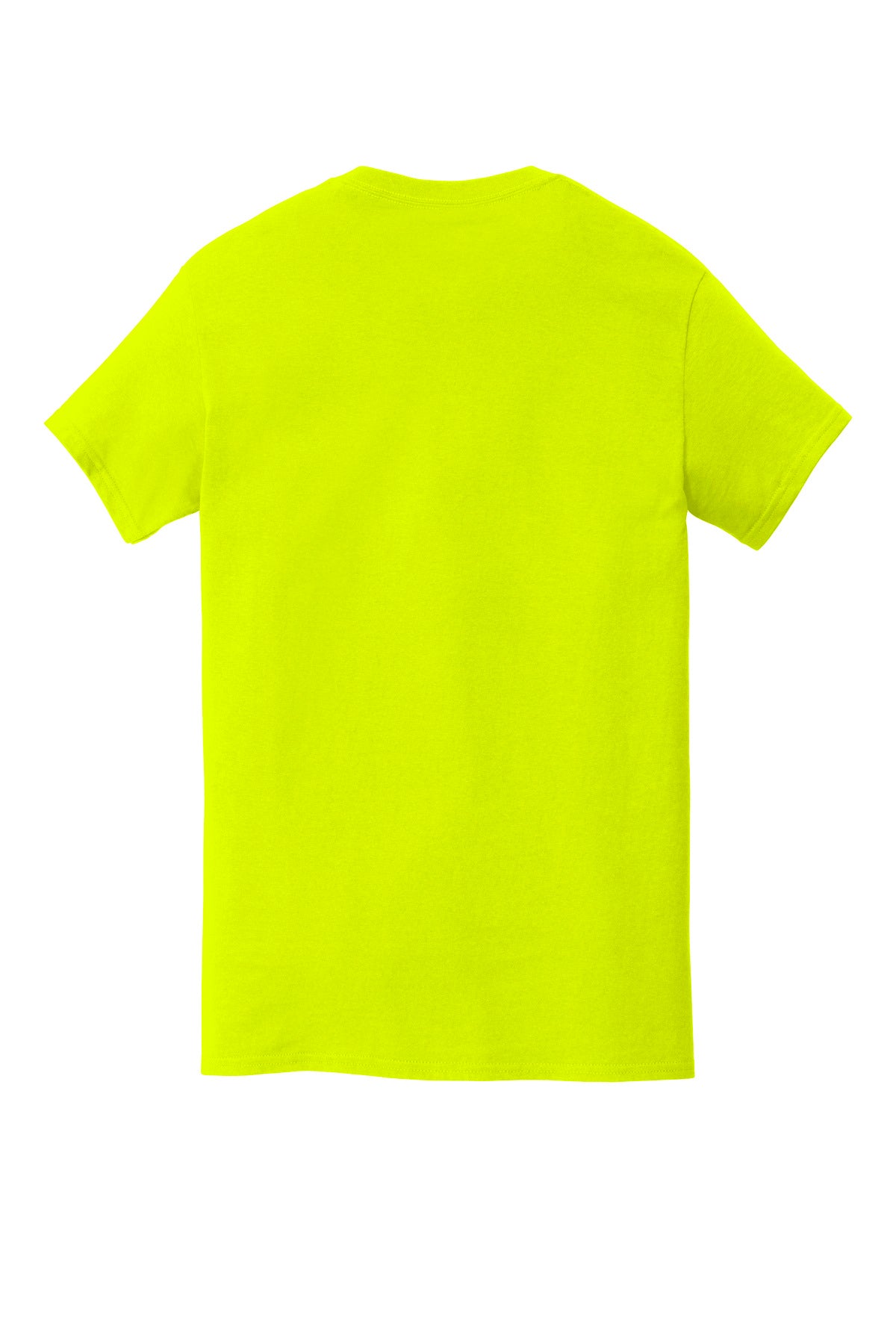 Rear View of Safety Green Gildan Heavy Cotton 100% Cotton Pocket T-Shirt. 5300