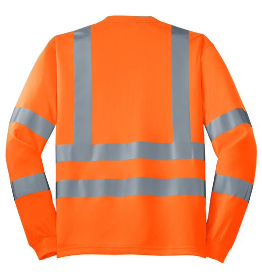 Rear View of Safety Orange CornerStone - ANSI 107 Class 3 Long Sleeve Snag-Resistant Reflective T-Shirt. CS409