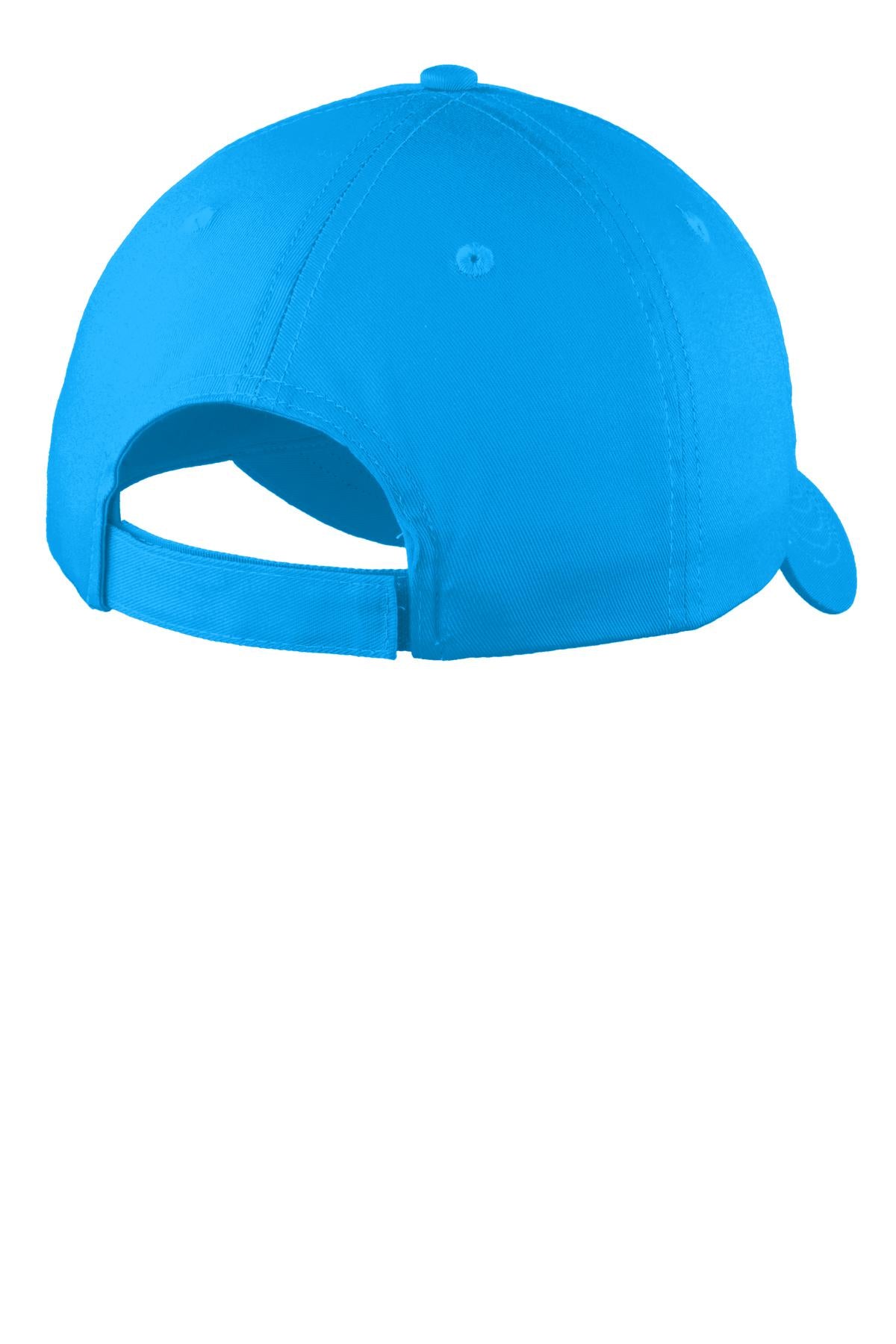 Rear View of Sapphire Port & Company Youth Six-Panel Unstructured Twill Cap. YC914