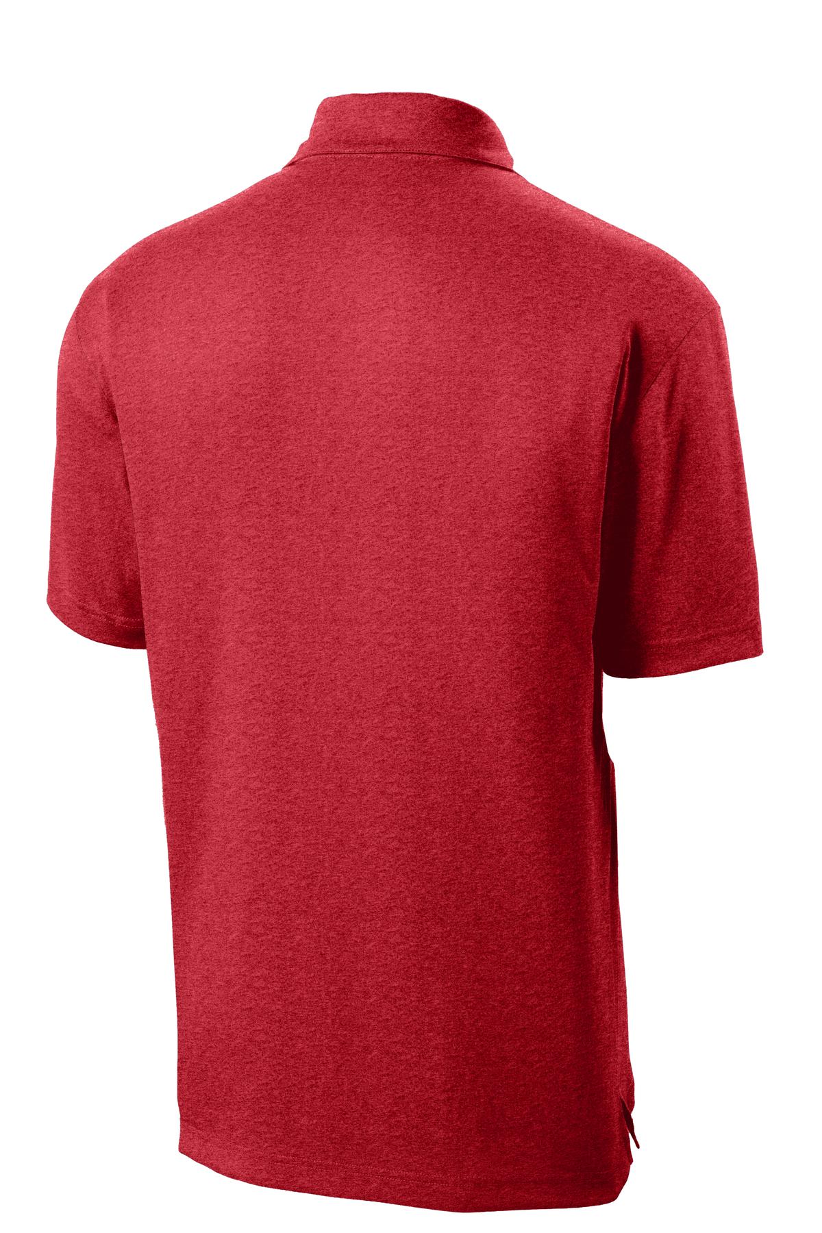 Rear View of Scarlet Hthr Sport-Tek Heather Contender Polo. ST660