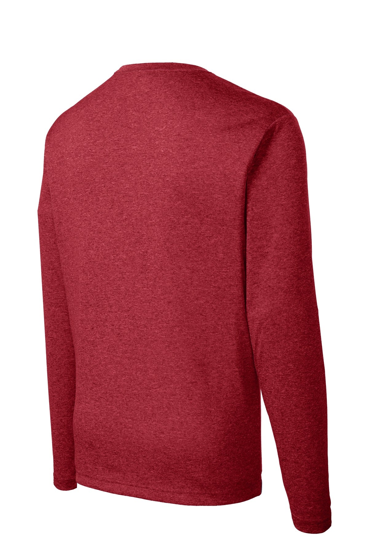 Rear View of Scarlet Hthr Sport-Tek Long Sleeve Heather Contender Tee. ST360LS