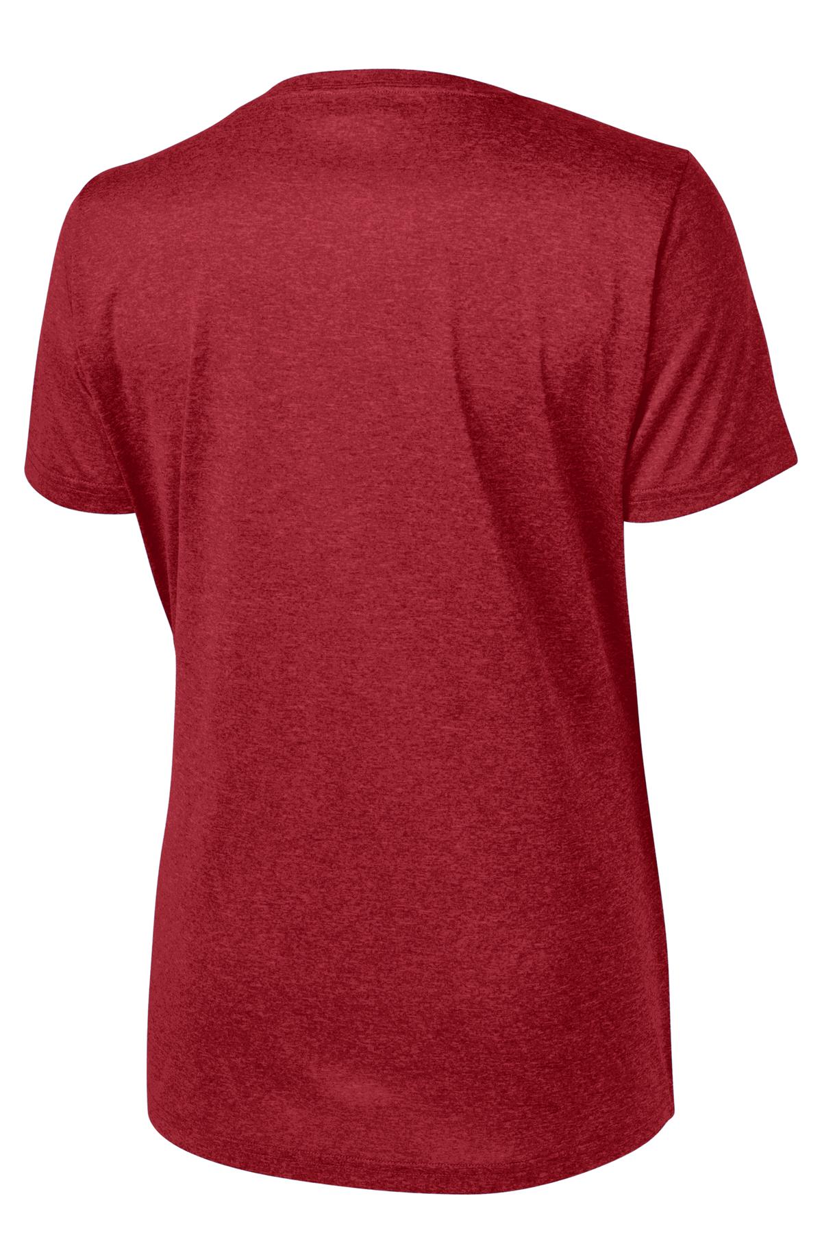 Rear View of Scarlet Hthr Sport-Tek Women's Heather Contender Scoop Neck Tee. LST360