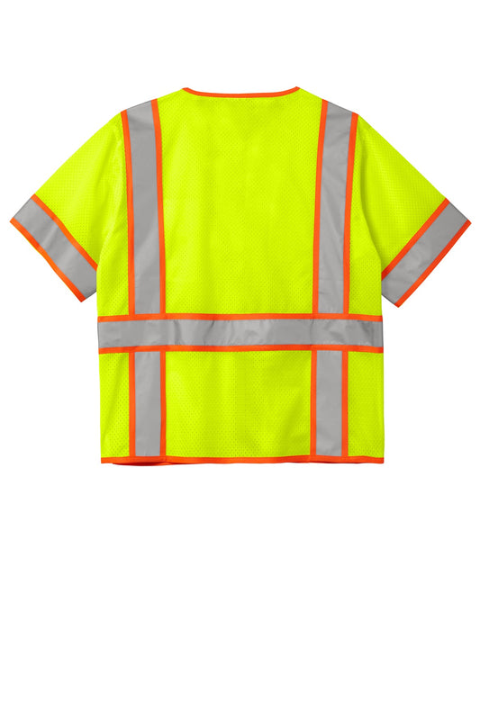 Rear View of SftyYellow CornerStone ANSI 107 Class 3 Surveyor Mesh Zippered Two-Tone Short Sleeve Vest. CSV106