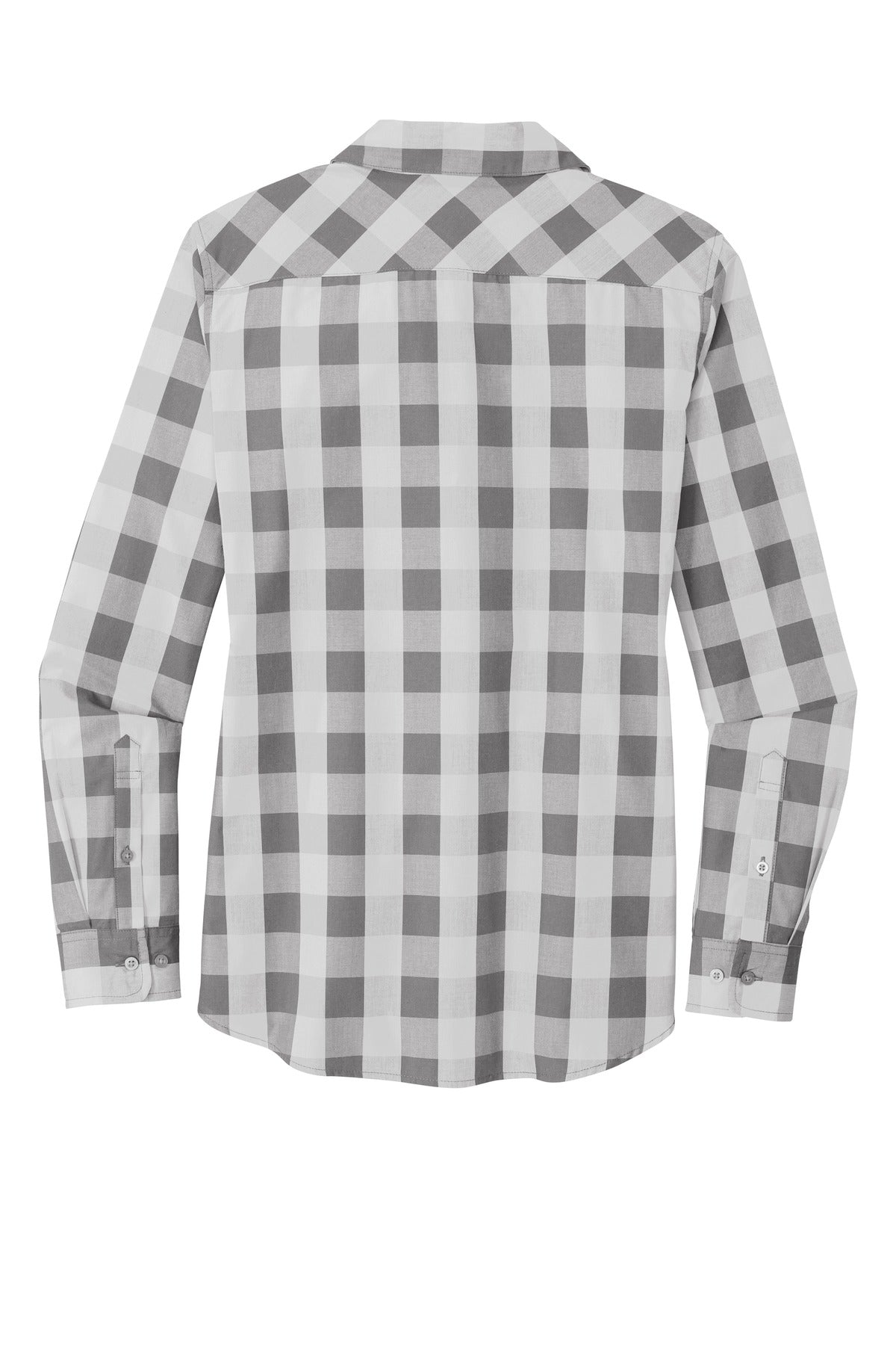 Rear View of Shadow Grey Port Authority Women's Everyday Plaid Shirt. LW670
