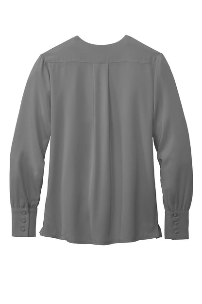 Rear View of ShadowGrey Brooks Brothers Women's Open-Neck Satin Blouse BB18009