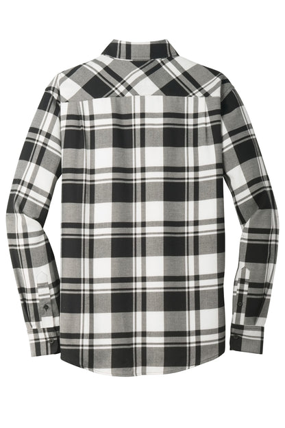 Rear View of Snow White/Blk Port Authority Plaid Flannel Shirt. W668