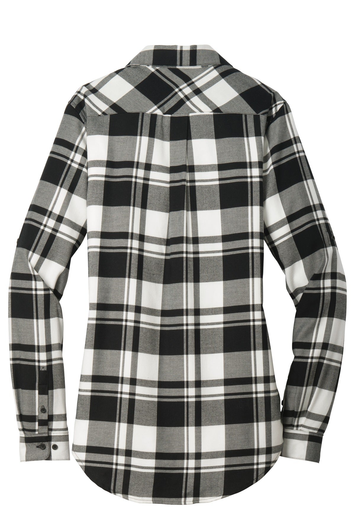 Rear View of Snow White/Blk Port Authority Women's Plaid Flannel Tunic . LW668