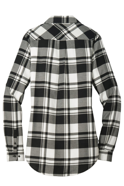 Rear View of Snow White/Blk Port Authority Women's Plaid Flannel Tunic . LW668