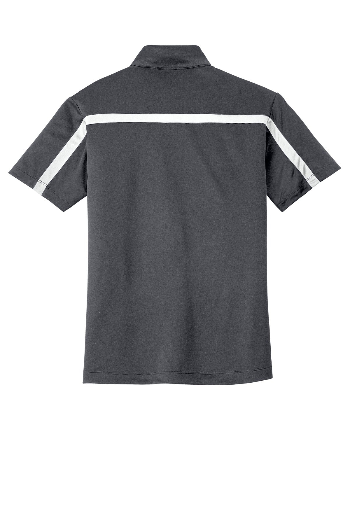 Rear View of Steel Gy/White Port Authority Silk Touch Performance Colorblock Stripe Polo. K547