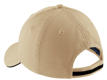 Rear View of Stone/Black Port Authority Sandwich Bill Cap with Striped Closure. C830