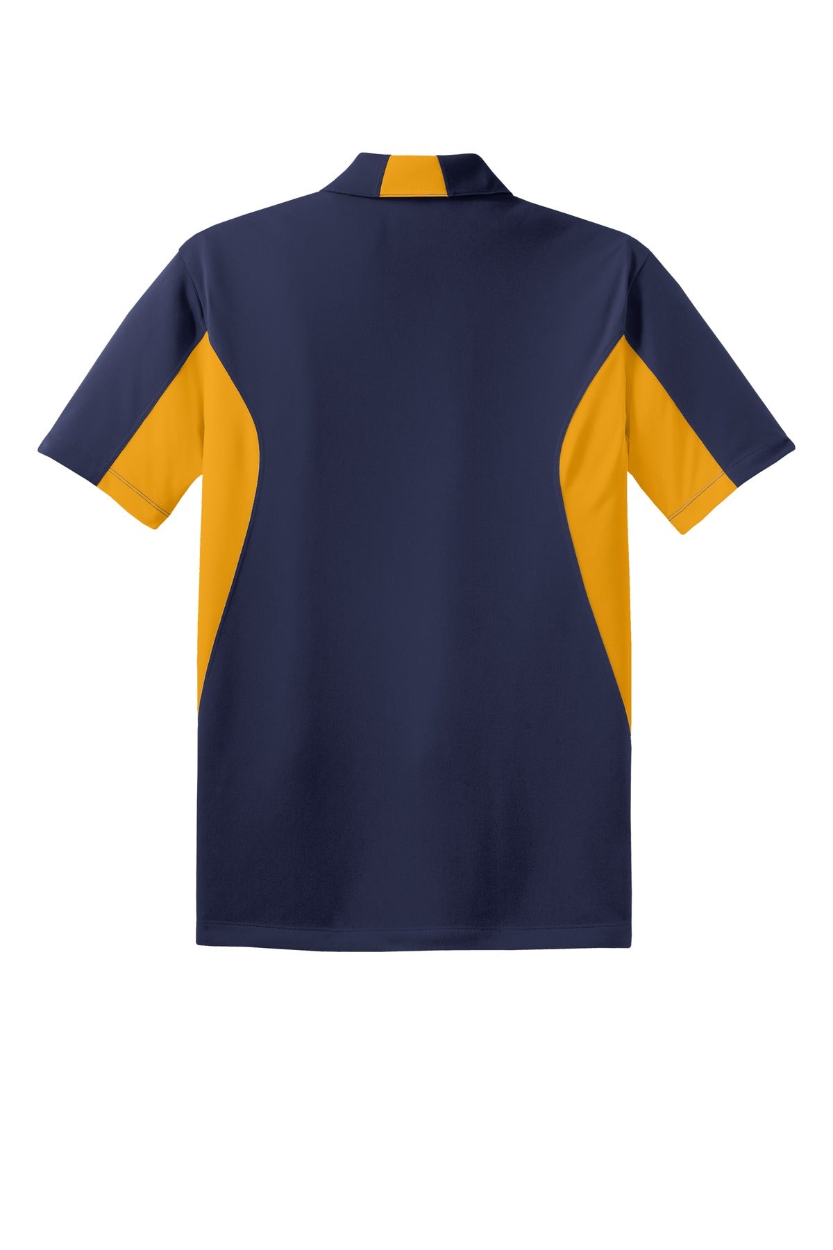 Rear View of Tr Navy/Gold Sport-Tek Tall Side Blocked Micropique Sport-Wick Polo. TST655